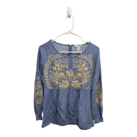 Sundance Embroidered Peplum Top Blue Tan L/S - Picture 6 of 6